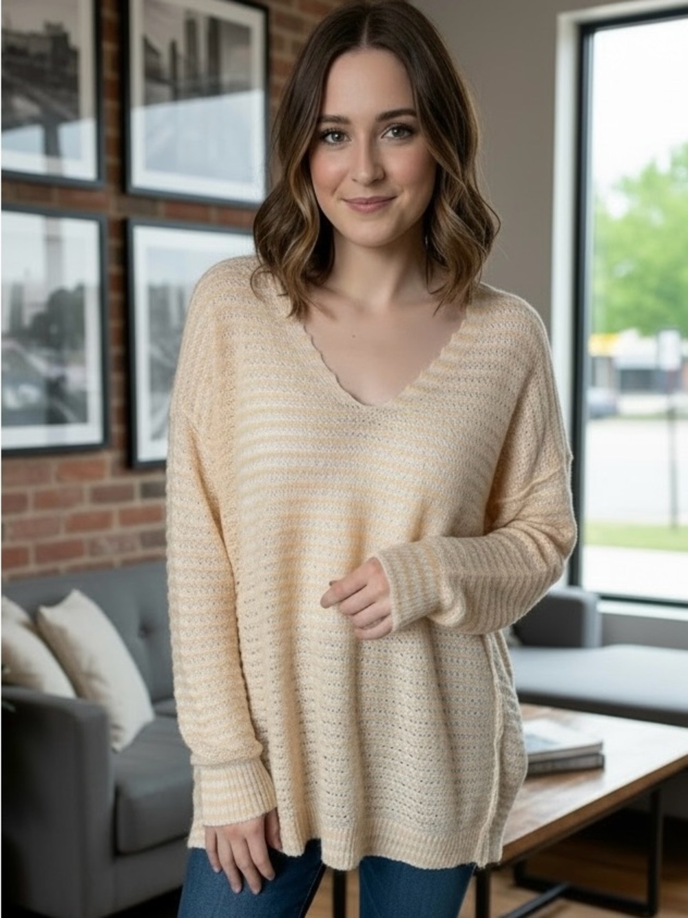 Free People Peach V-Neck Oversized Knit Sweater | Size XS
